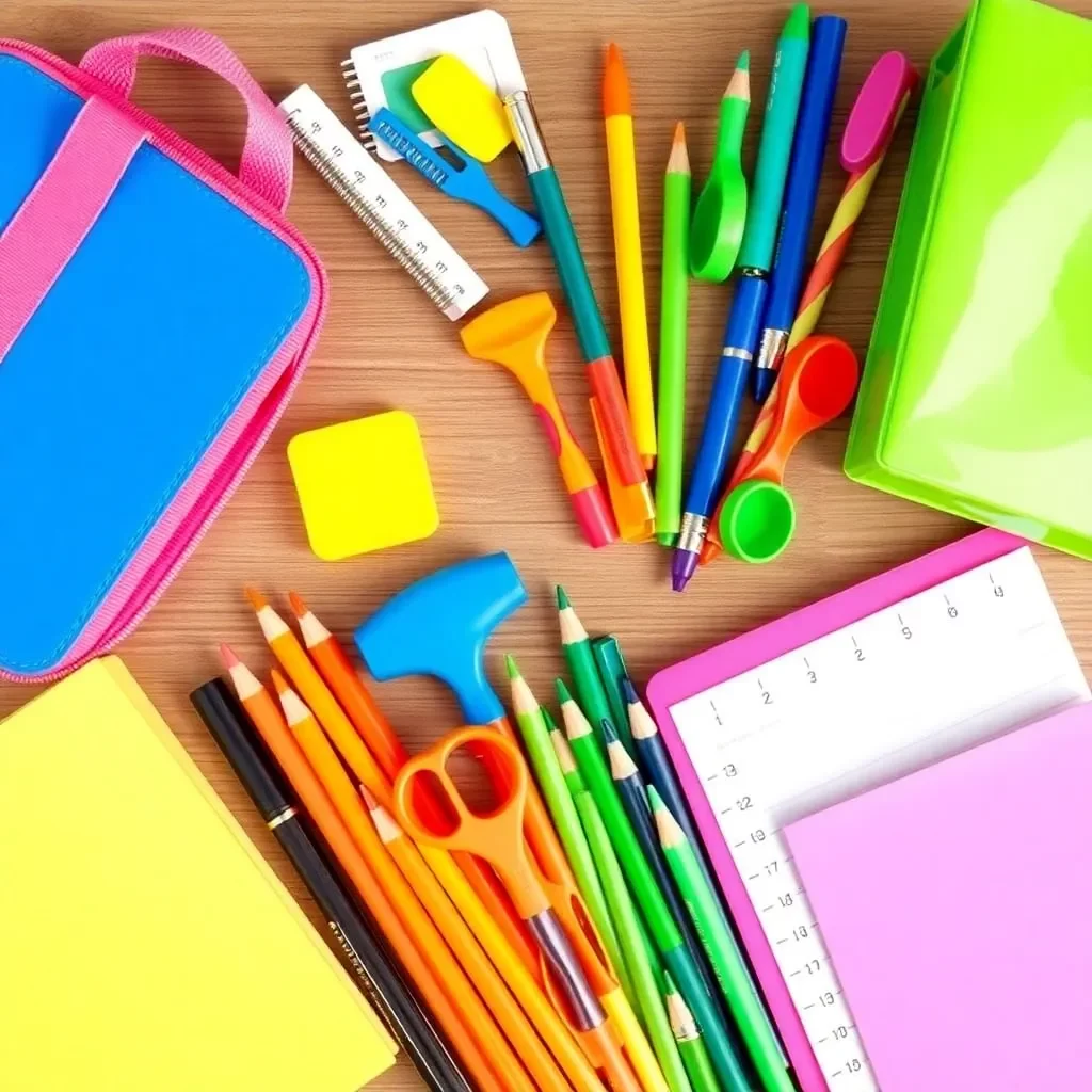 Colorful school supplies ready for kindergarten preparation.