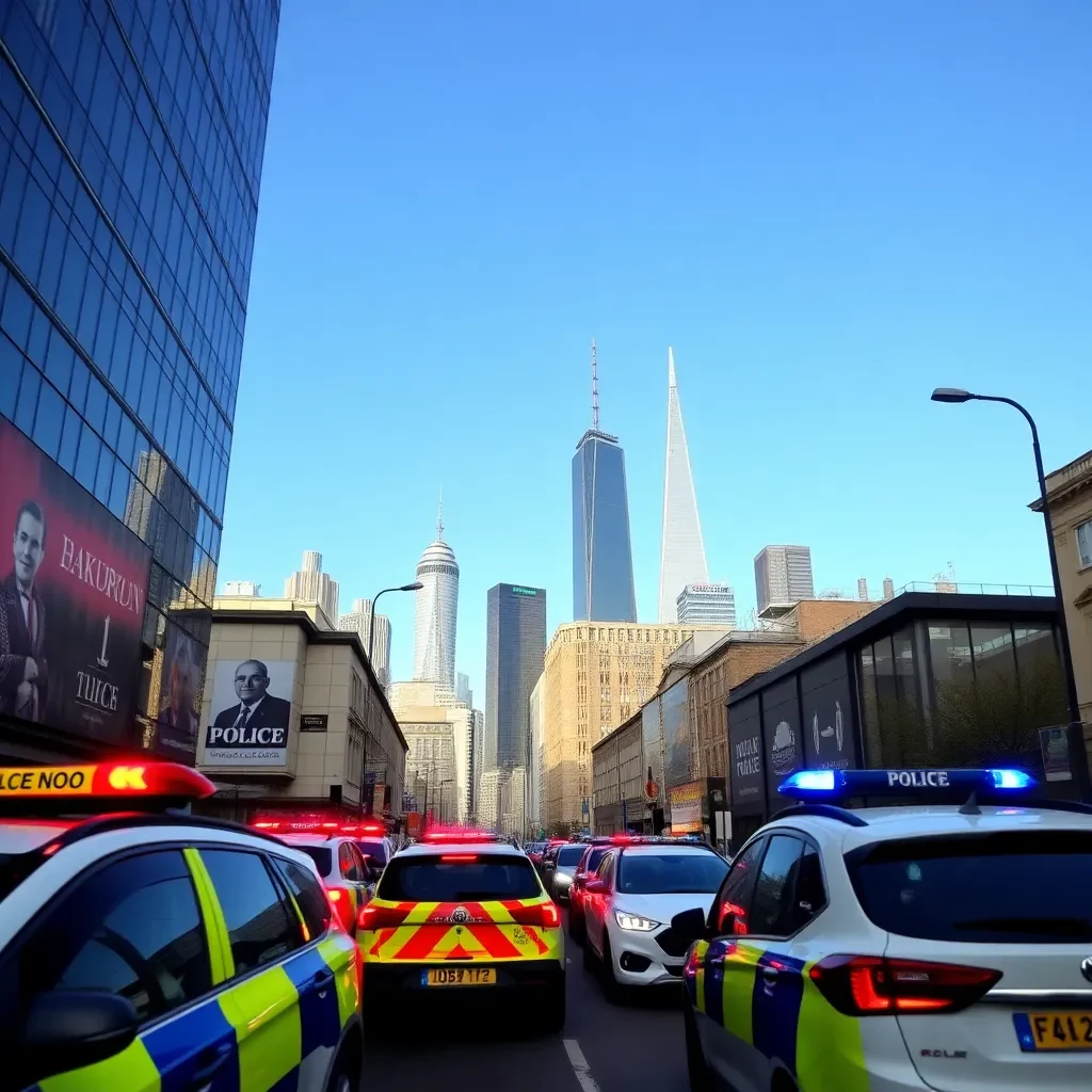 Urban skyline with police sirens and campaign posters.