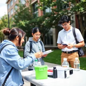 University campus with students engaging in research activities.