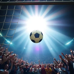 Soccer ball soaring into the net with jubilant crowd.