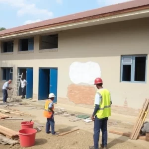 School building renovation with construction workers and tools.