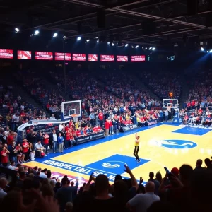 Vibrant basketball court with cheering fans in background.