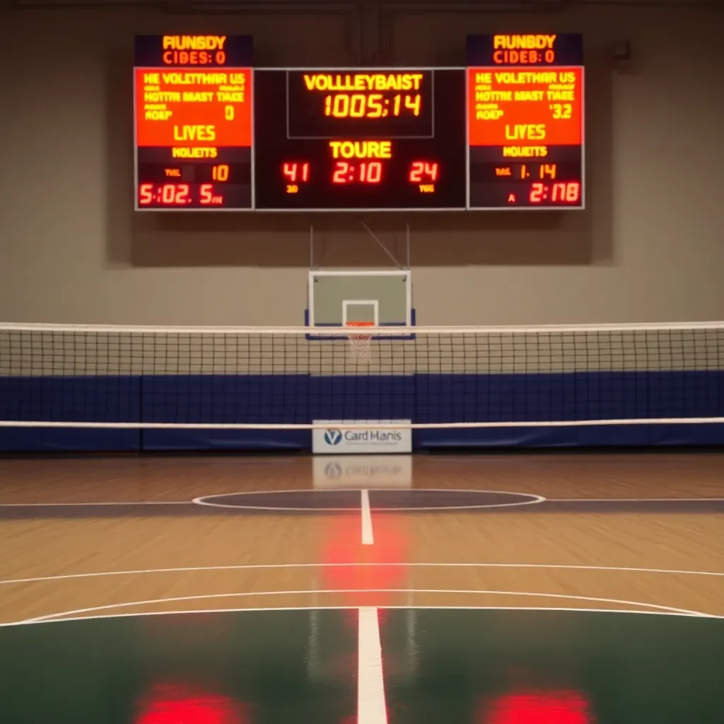 Volleyball court with scoreboard reflecting a tough loss.