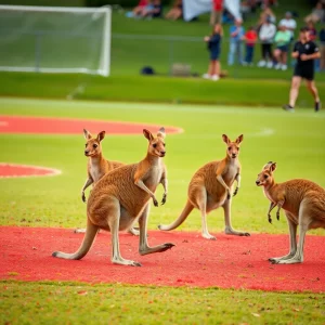 Dynamic sports action with kangaroos on a vibrant field.