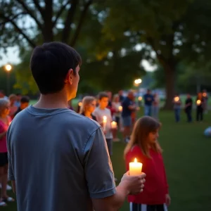 Candlelight vigil in a peaceful community park setting.