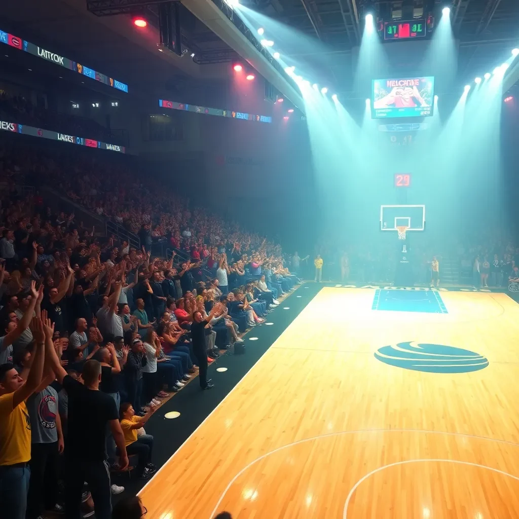 Dynamic basketball court with cheering crowd atmosphere