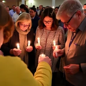 Community members lighting candles in peaceful remembrance.