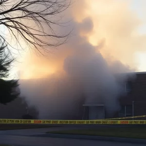 Smoke rising from a school building with caution tape.