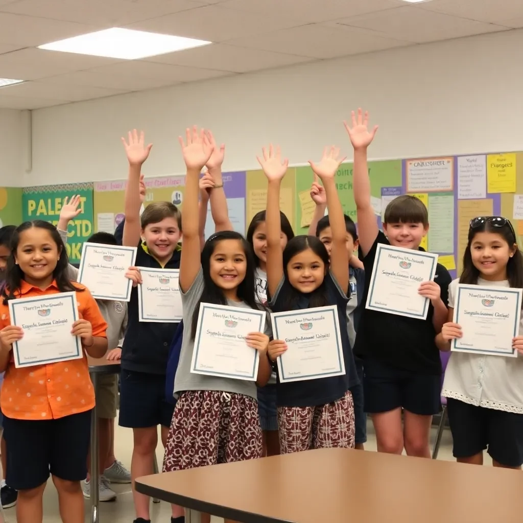 Students celebrating academic achievements in a school setting.