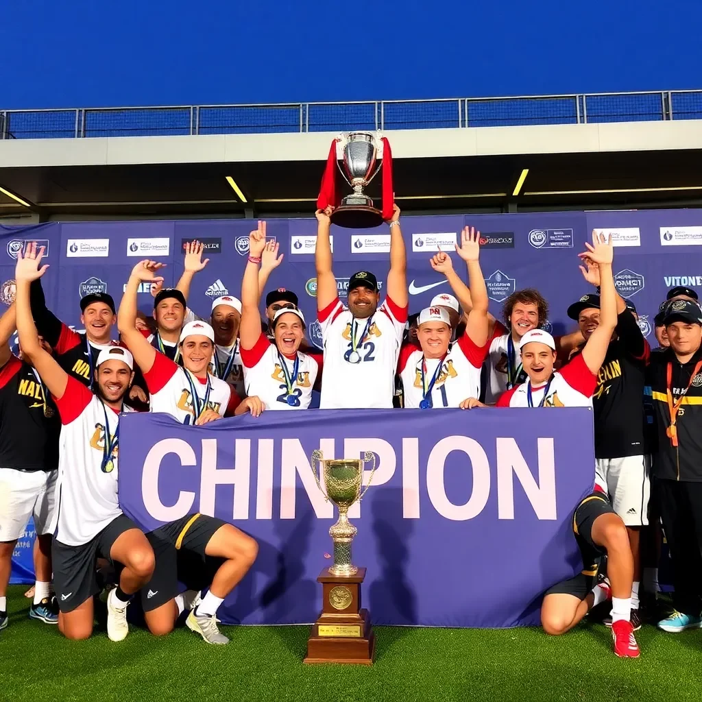 Victory celebration with athletes and winning trophy backdrop.