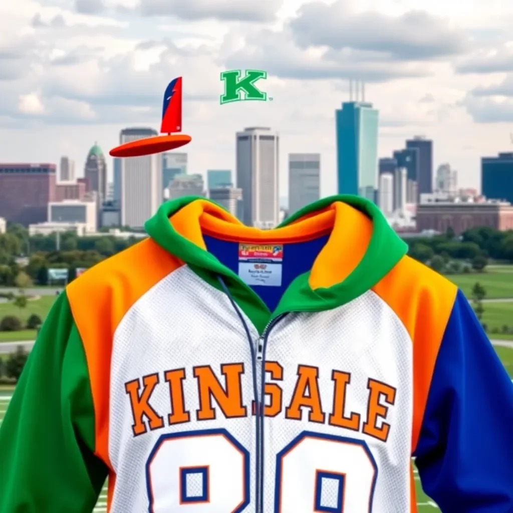 Vibrant college sports gear with Kansas City skyline backdrop.