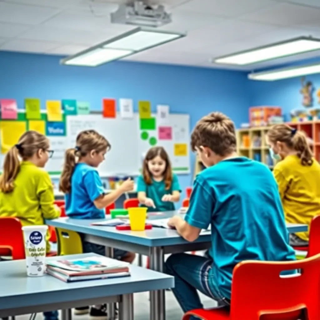 Colorful classroom with engaged students collaborating on projects.