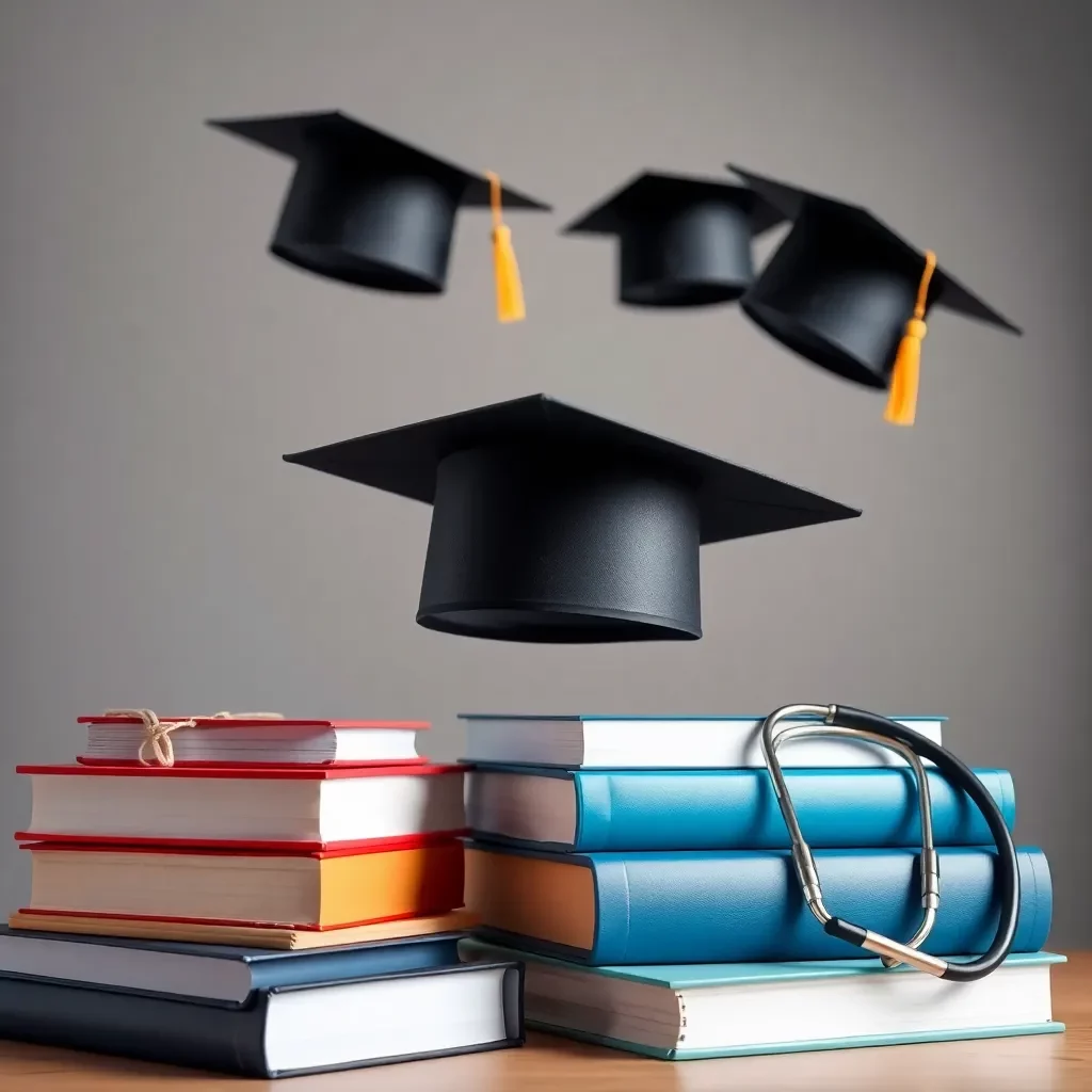 Graduation caps flying above medical textbooks and stethoscopes.