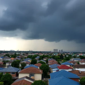 Dark clouds over city, residents preparing for heavy rain.