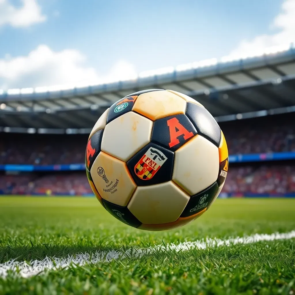 Soccer ball on field with stadium in background.