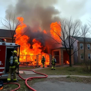 Firefighters battling flames at an abandoned school.