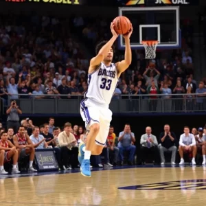 Dynamic basketball action with a cheering crowd in background.