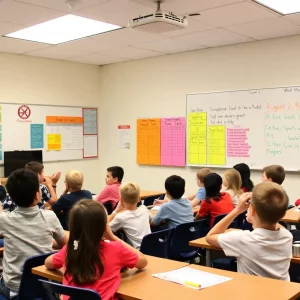 Classroom with engaged students and colorful grading charts.