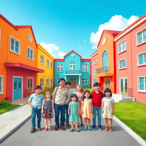 Colorful school buildings with cheerful families and children.