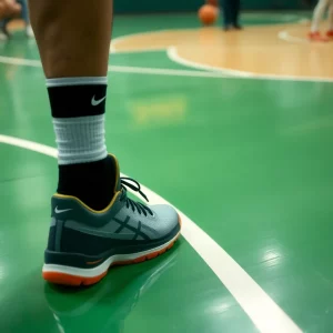 Athletic footwear on a basketball court, symbolizing competition.