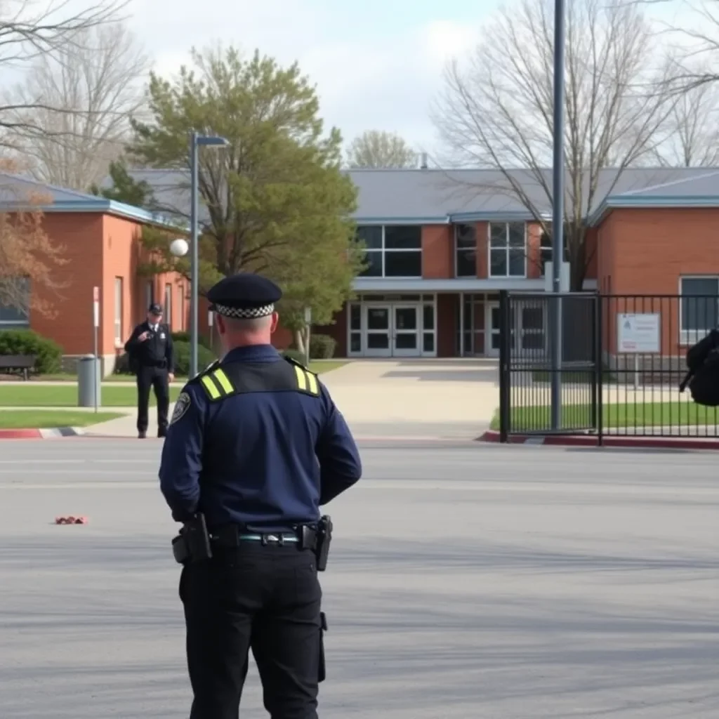 School campus with police presence and secure entrances.