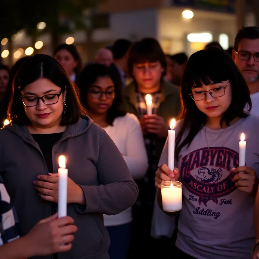 Community members holding candles in a peaceful vigil.