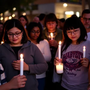 Community members holding candles in a peaceful vigil.