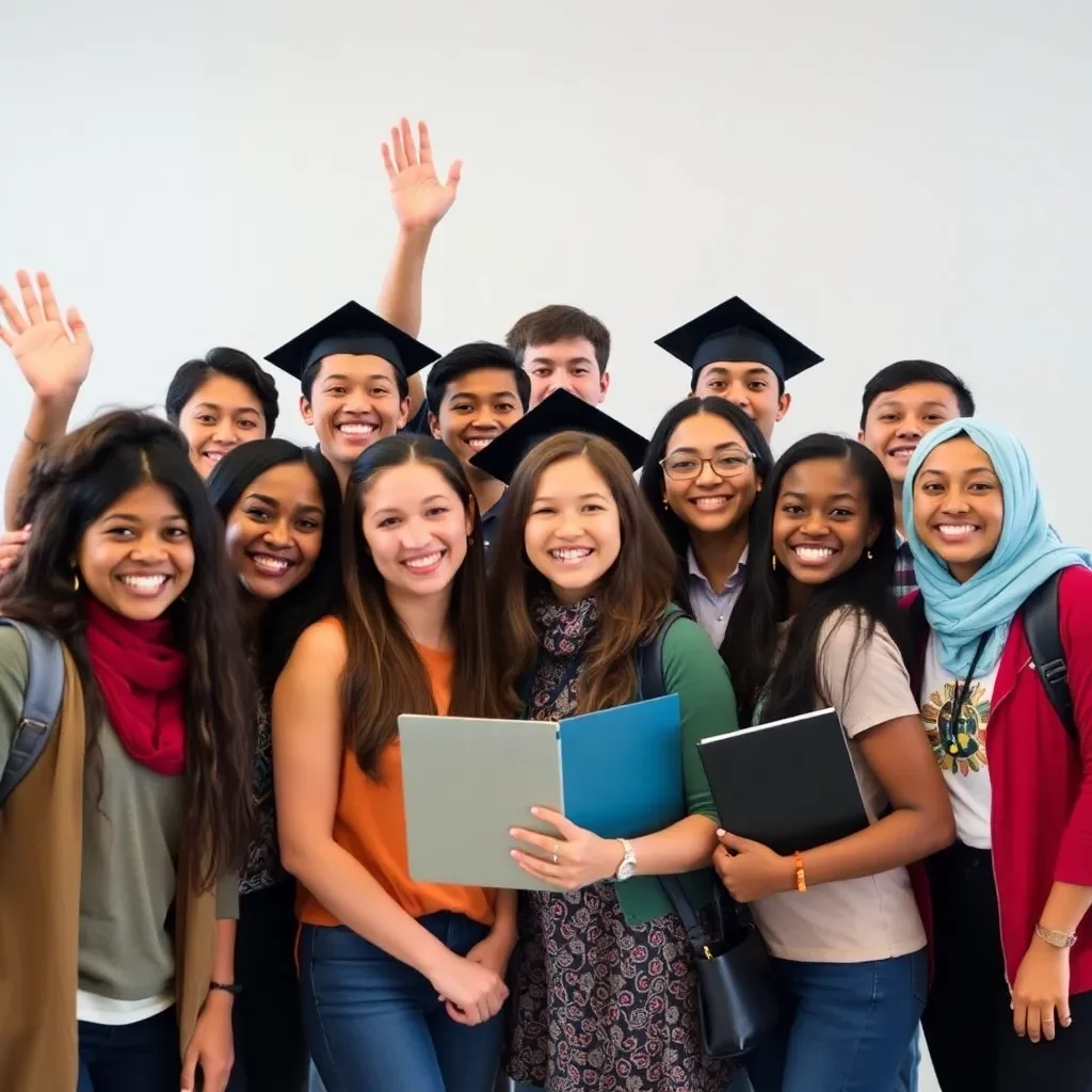 A diverse group of students celebrating academic success together.