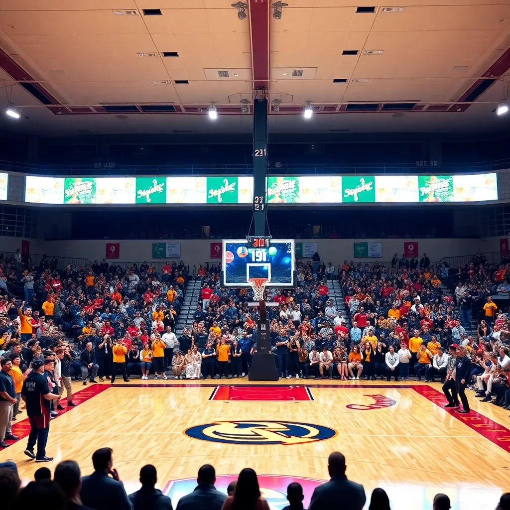 Basketball court with team colors and cheering crowd atmosphere.