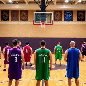 Basketball court with colorful team jerseys and logos.