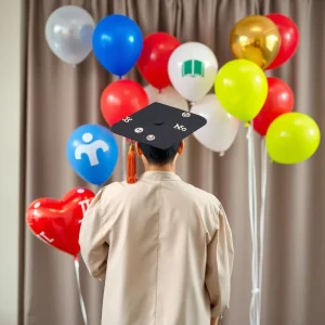 Cap and gown celebration with medical symbols and balloons.