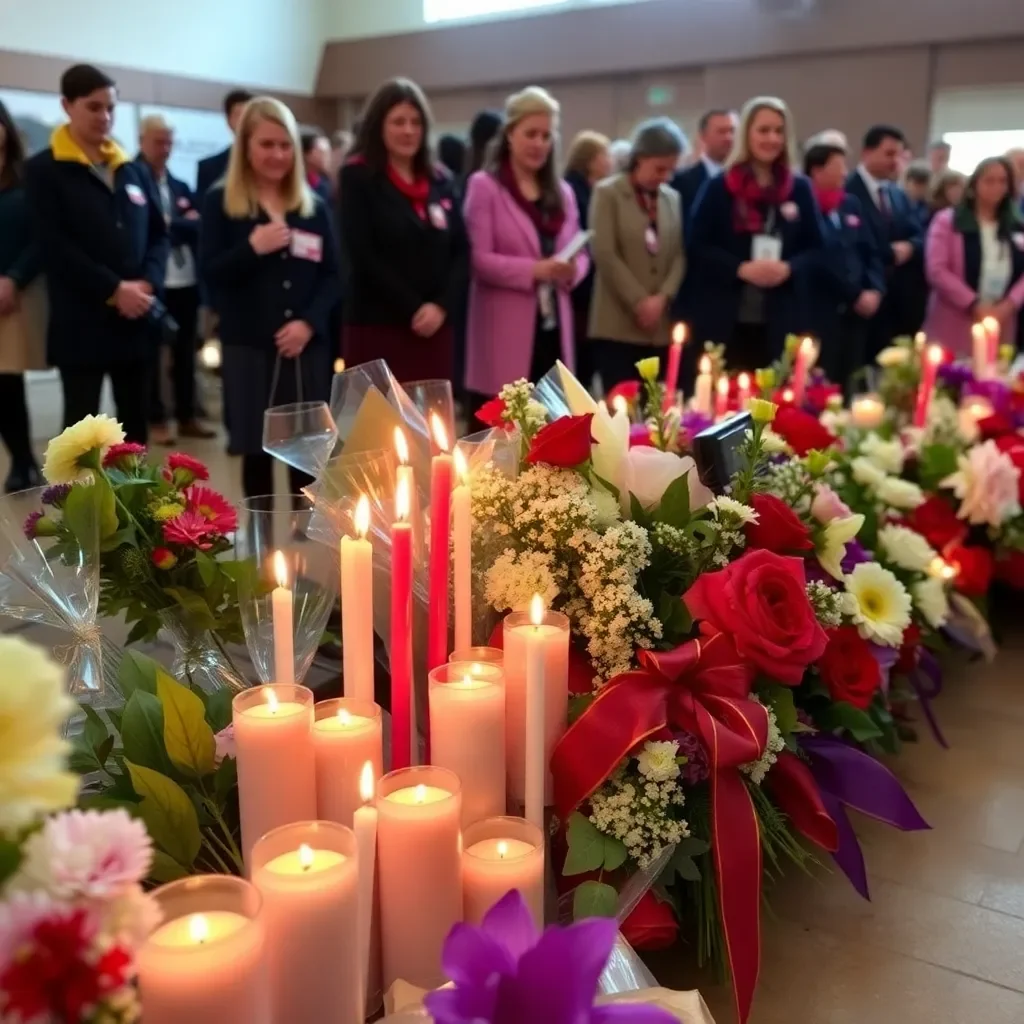 Candles and flowers at a school memorial gathering.