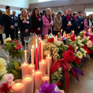 Candles and flowers at a school memorial gathering.