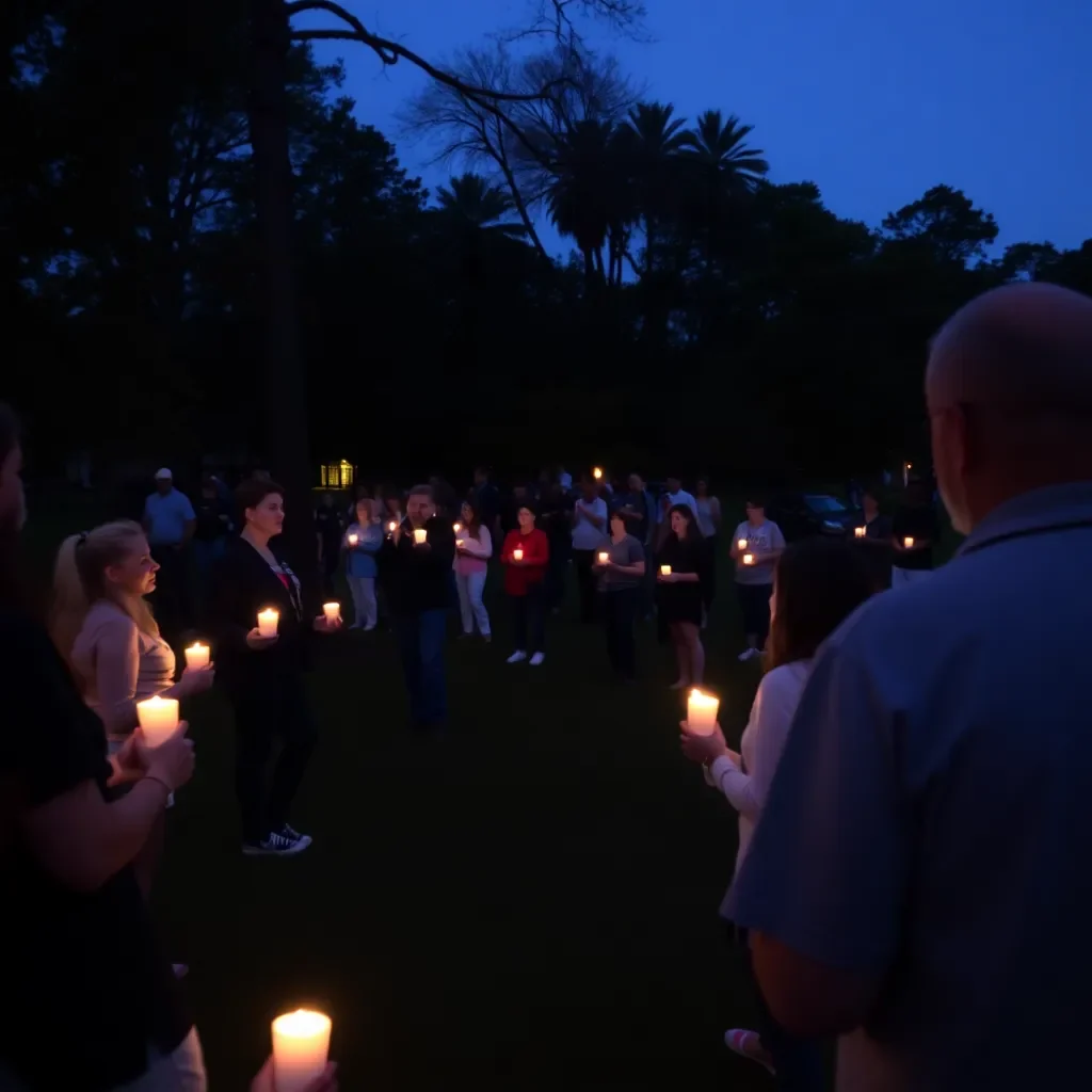 Candlelight vigil in community park, evening glow.