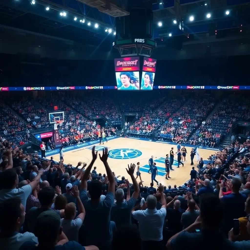 Energetic crowd in a packed basketball arena