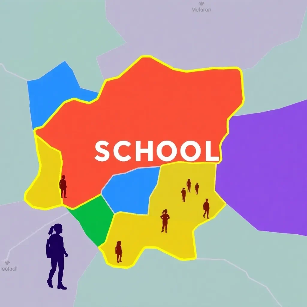 Colorful map of school boundaries with students' silhouettes.