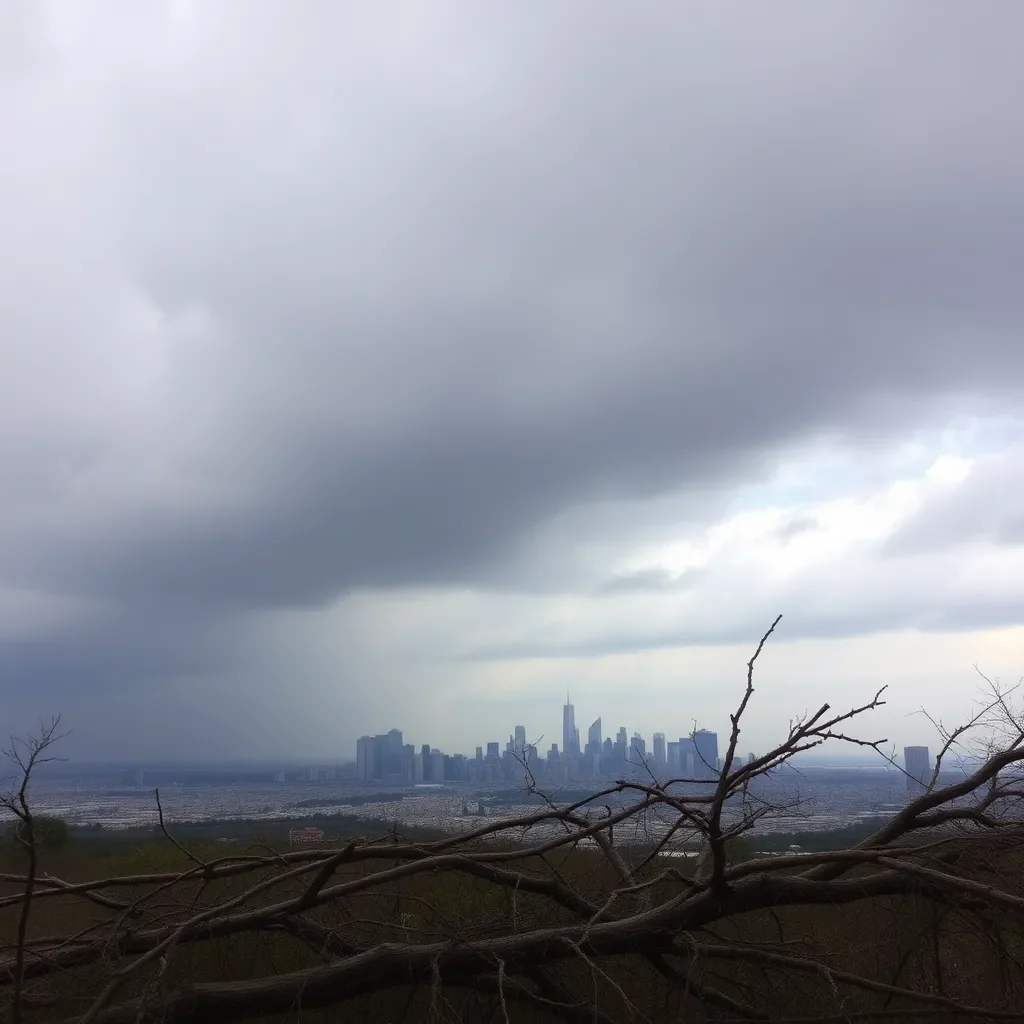 Storm clouds over city skyline with fallen tree branches.