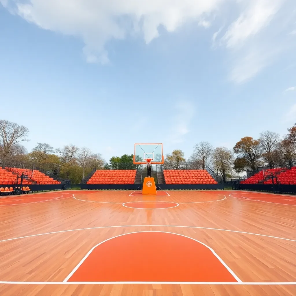 Basketball court with basketballs and orange team colors.