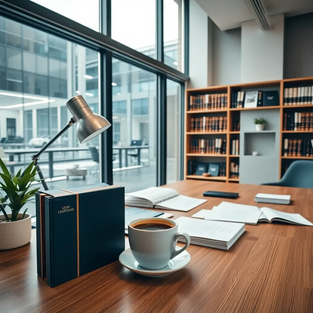 Modern workspace with legal books and coffee.