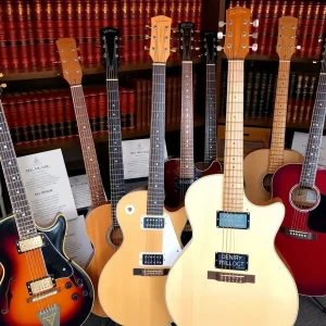 Musical instruments arranged with legal books in tribute display.