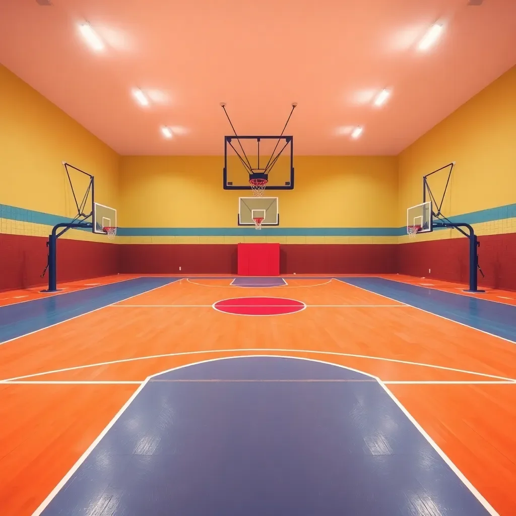 Basketball court showdown with vibrant school colors.