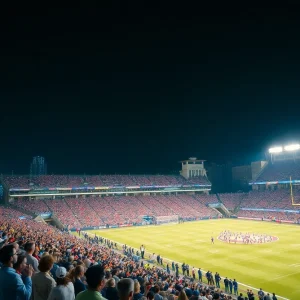 Arrowhead Stadium packed with fans at night during a football game