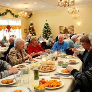 Seniors enjoying a festive Christmas Day dinner together in Kansas City.