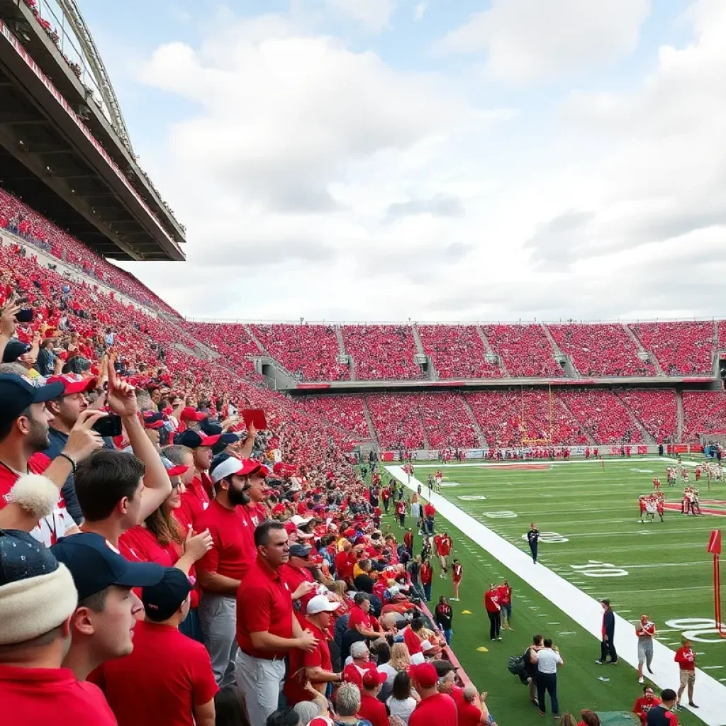 Crowd cheering at Arrowhead Stadium during the Cincinnati vs. Nebraska football game.