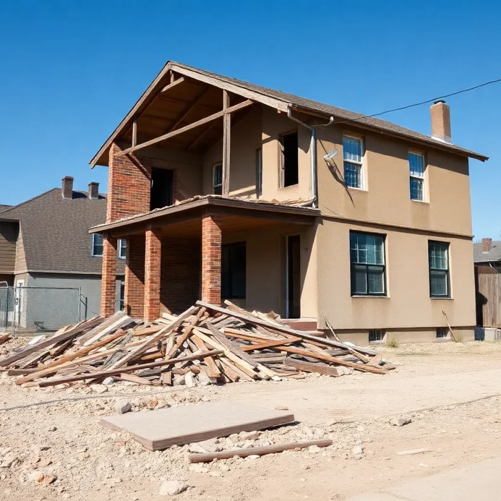 Demolished house with debris in Kansas City neighborhood