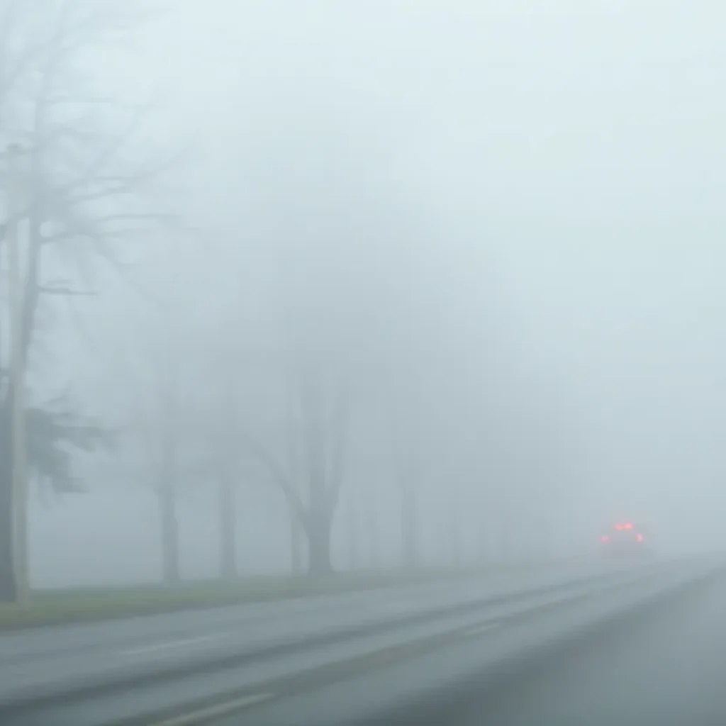 Dense fog covering a road in Missouri or Kansas, indicating low visibility conditions.