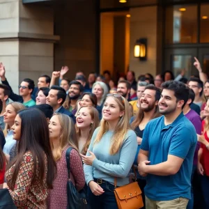 Large crowd waiting in line for casting call.