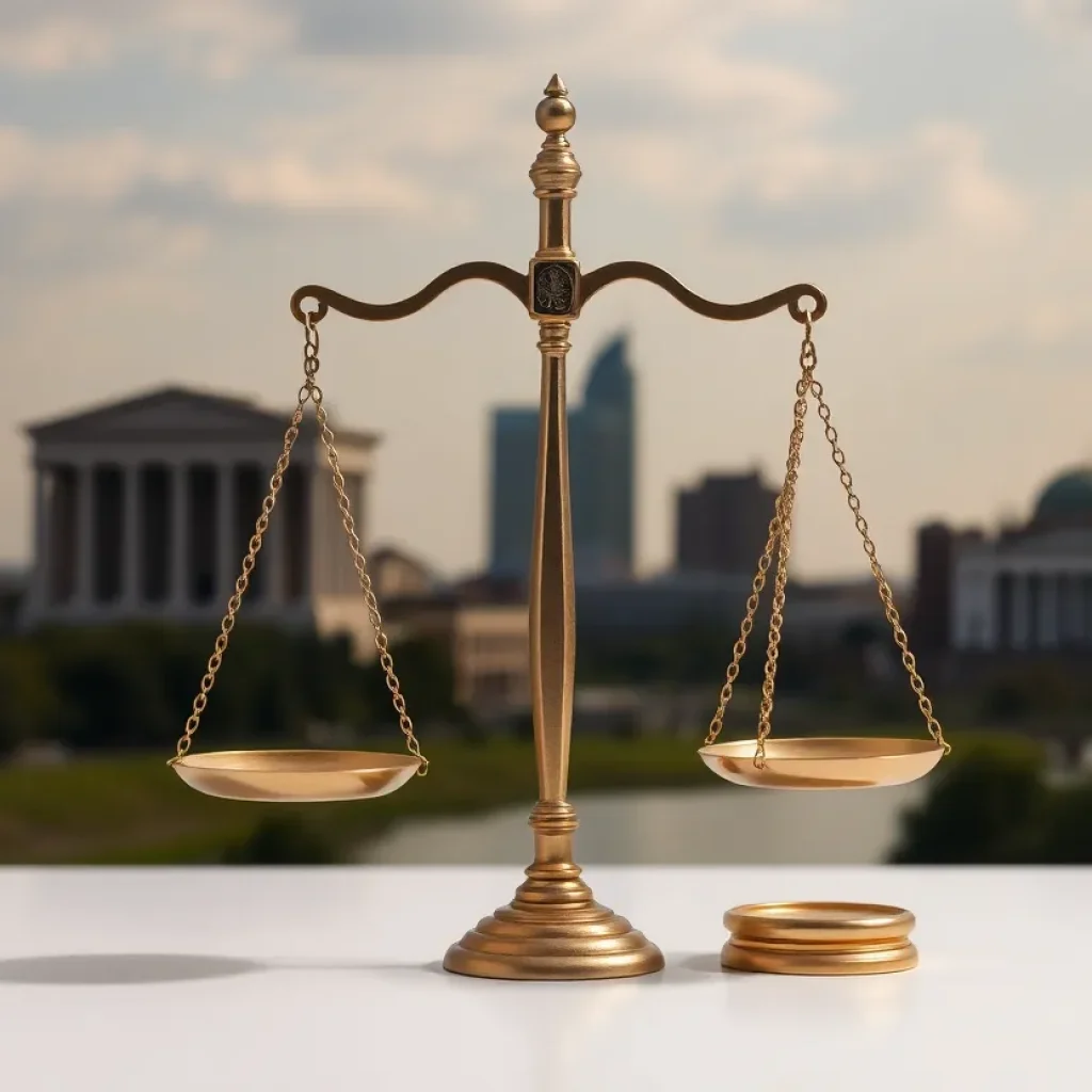 A balanced scale of justice with the Missouri skyline in the background.