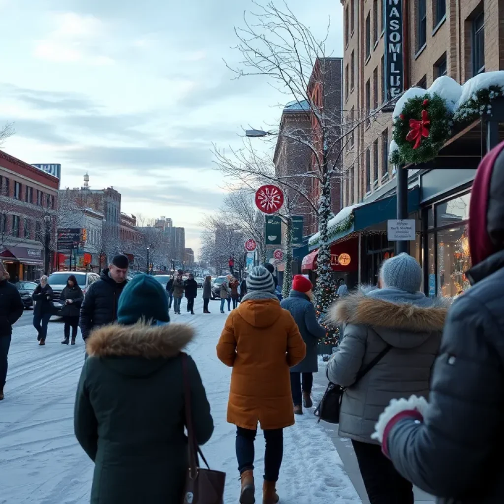 People bundled up in warm clothing in Kansas City during a cold front