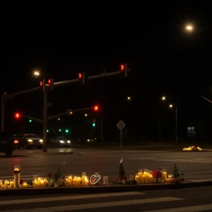 Intersection in Kansas City with memorial candles